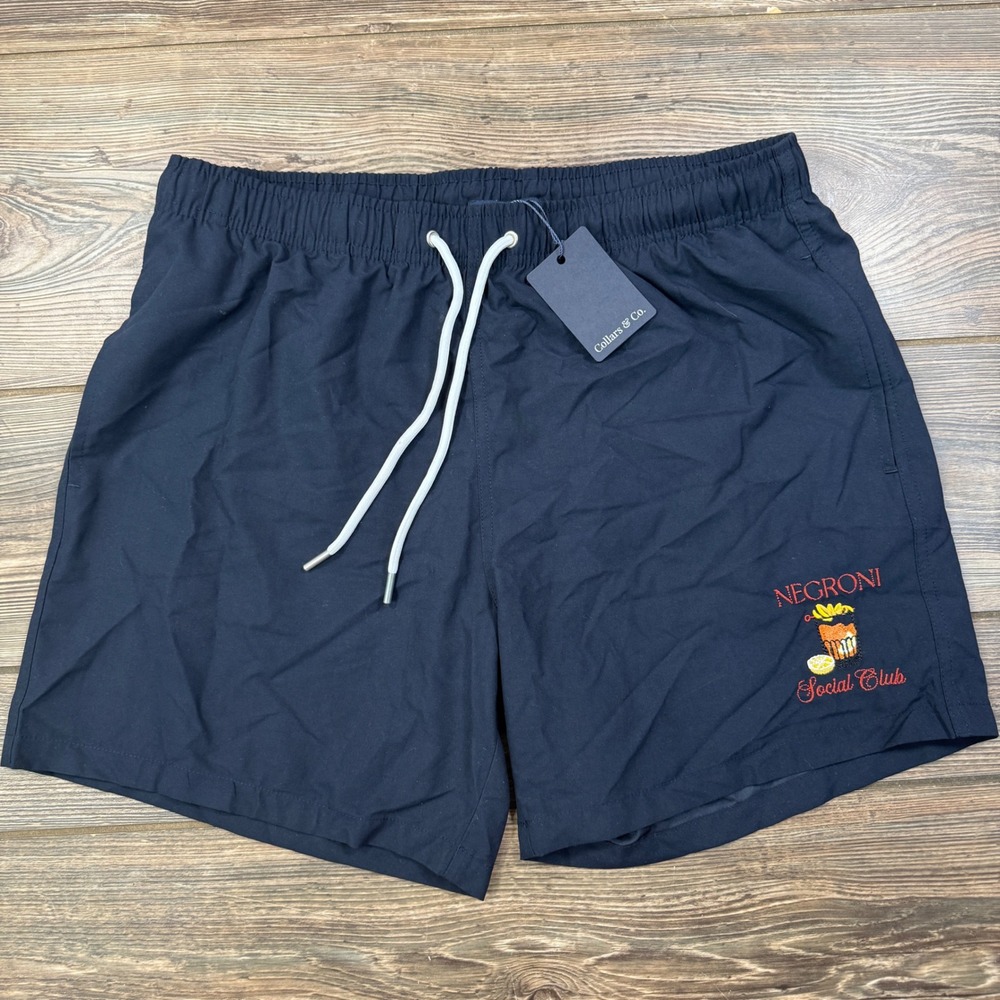 Collars & Co Men Size Large Swim Trunks Navy Negroni Social Club Embroidered NWT